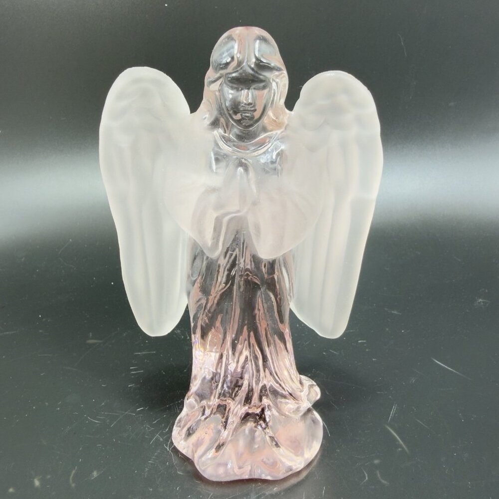 Vintage 1980s Light Pink Glass Angel Figurine Guardian Angel Figure Glassware